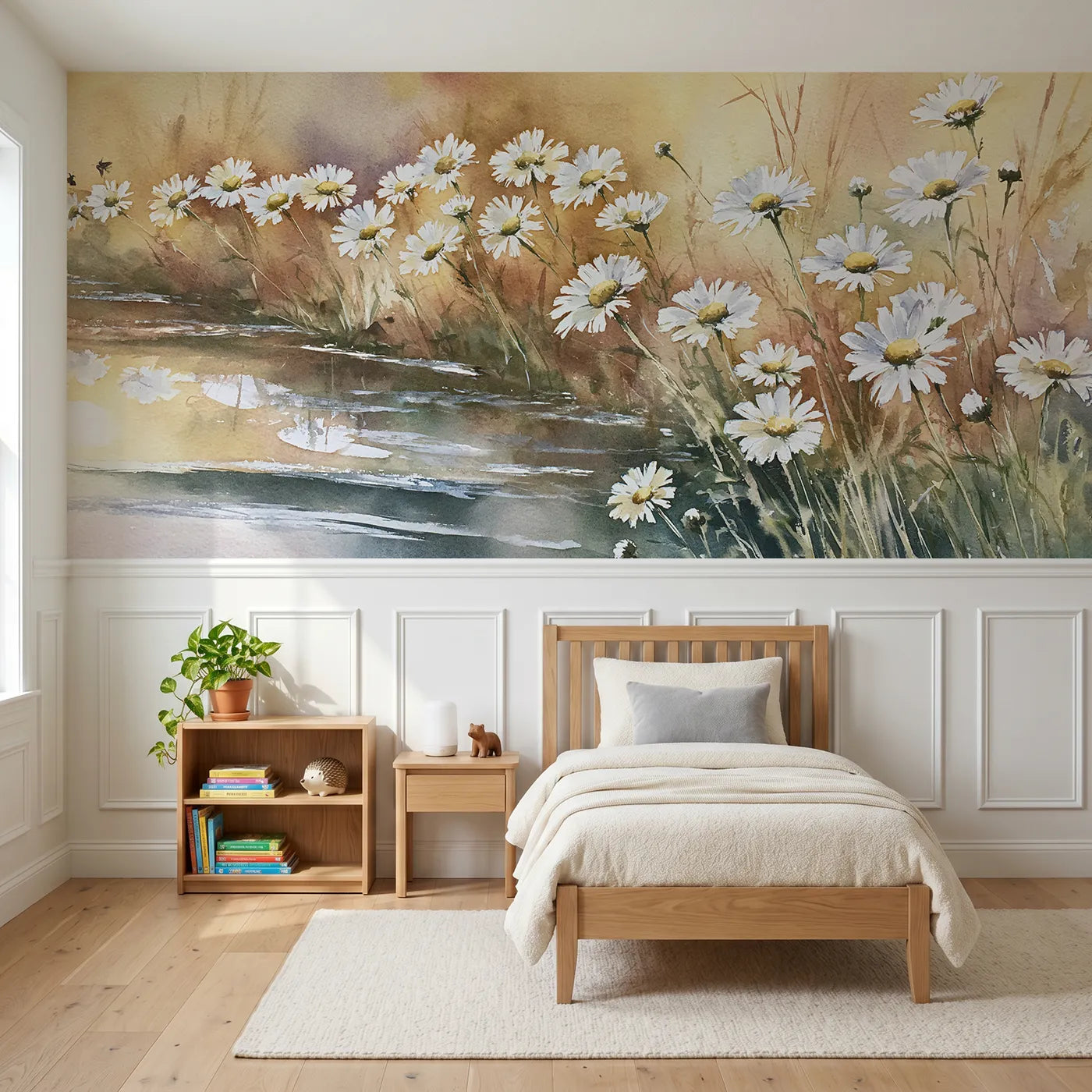 Watercolor wainscoting wallpaper of the moon daisies by Whimsy Tots