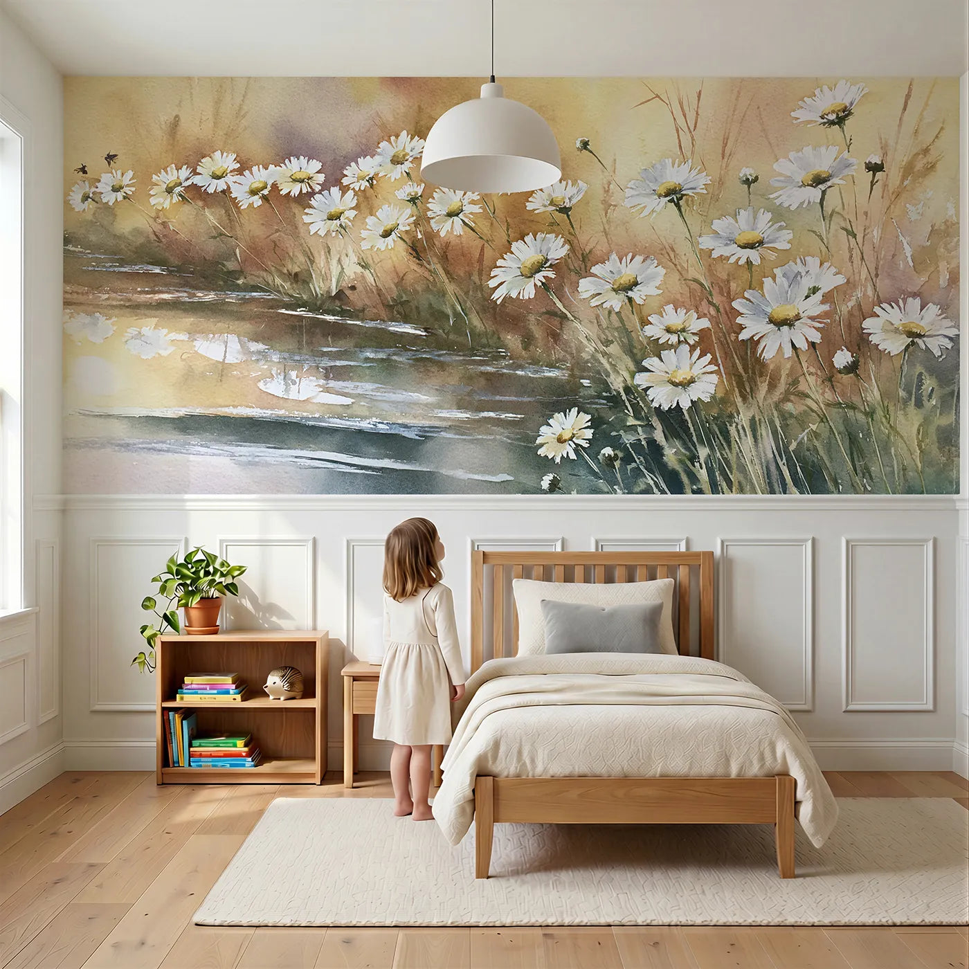 Child reading near The Moon Daisies Wainscoting Wallpaper by Whimsy Tots