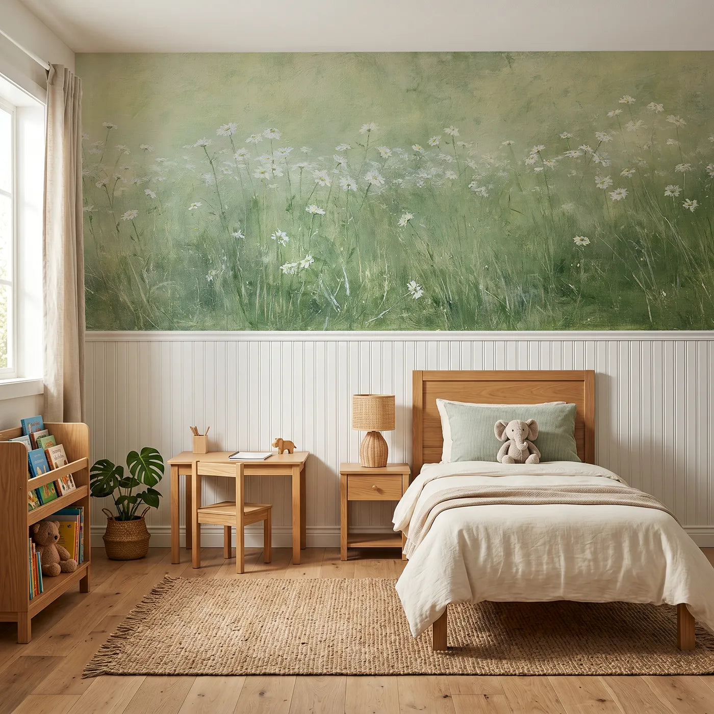 Watercolor wainscoting mural of an oxeye drift at midday by Whimsy Tots