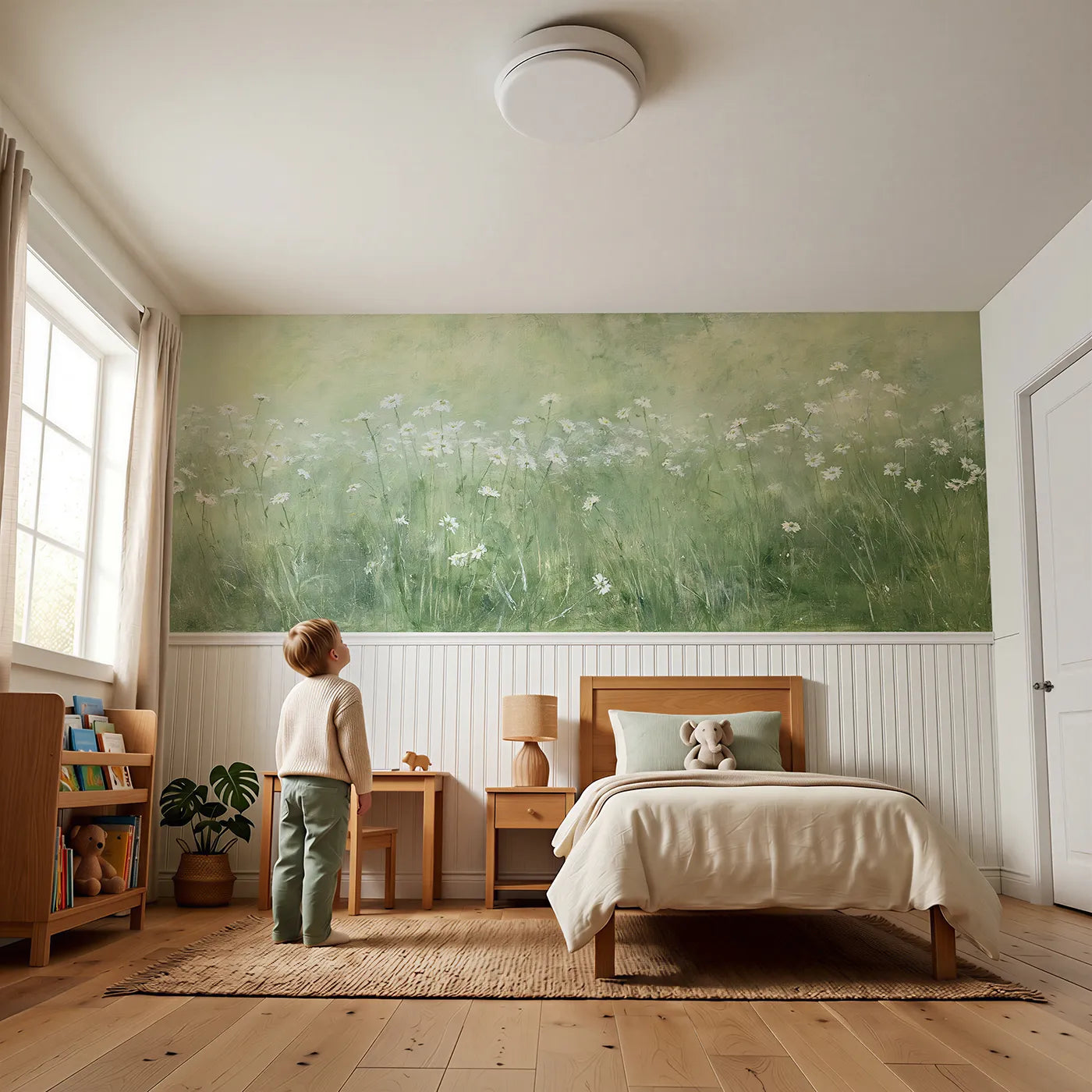 Child reading near Oxeye Drift At Midday Wainscoting Wallpaper by Whimsy Tots