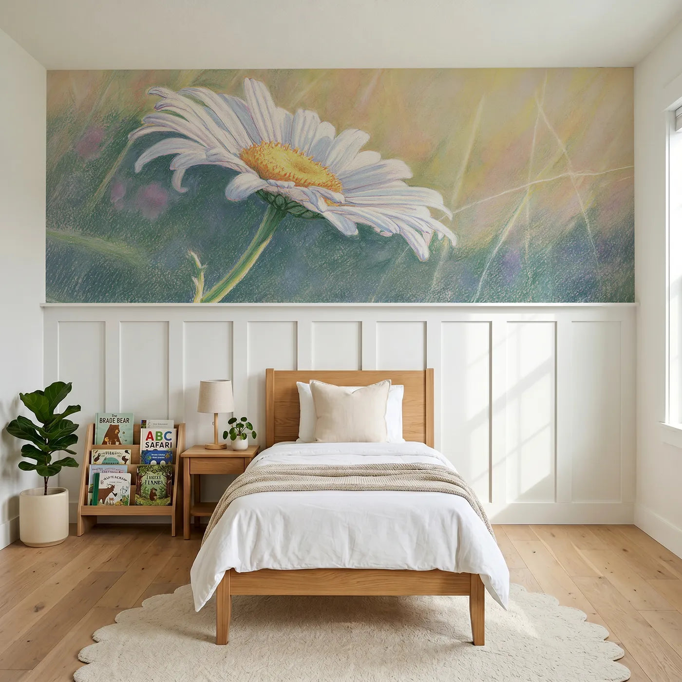 Colored pencil wainscoting wallpaper of a daisy turned to the sun by Whimsy Tots