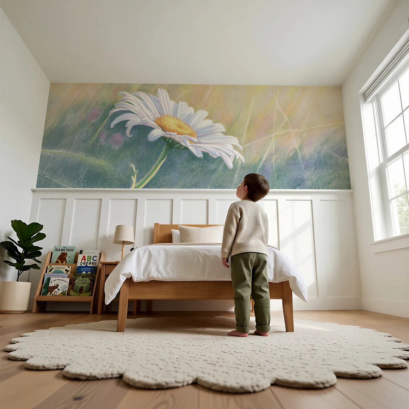 Child reading near Turned To The Sun Wainscoting Wallpaper by Whimsy Tots