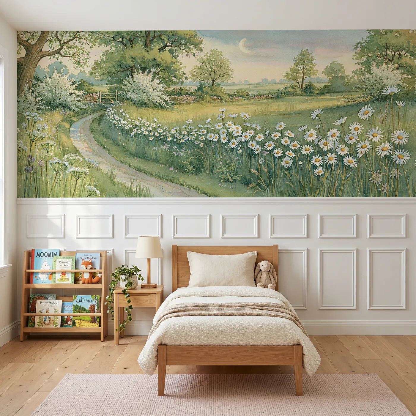 Storybook wainscoting wallpaper of daisies down the lane by Whimsy Tots