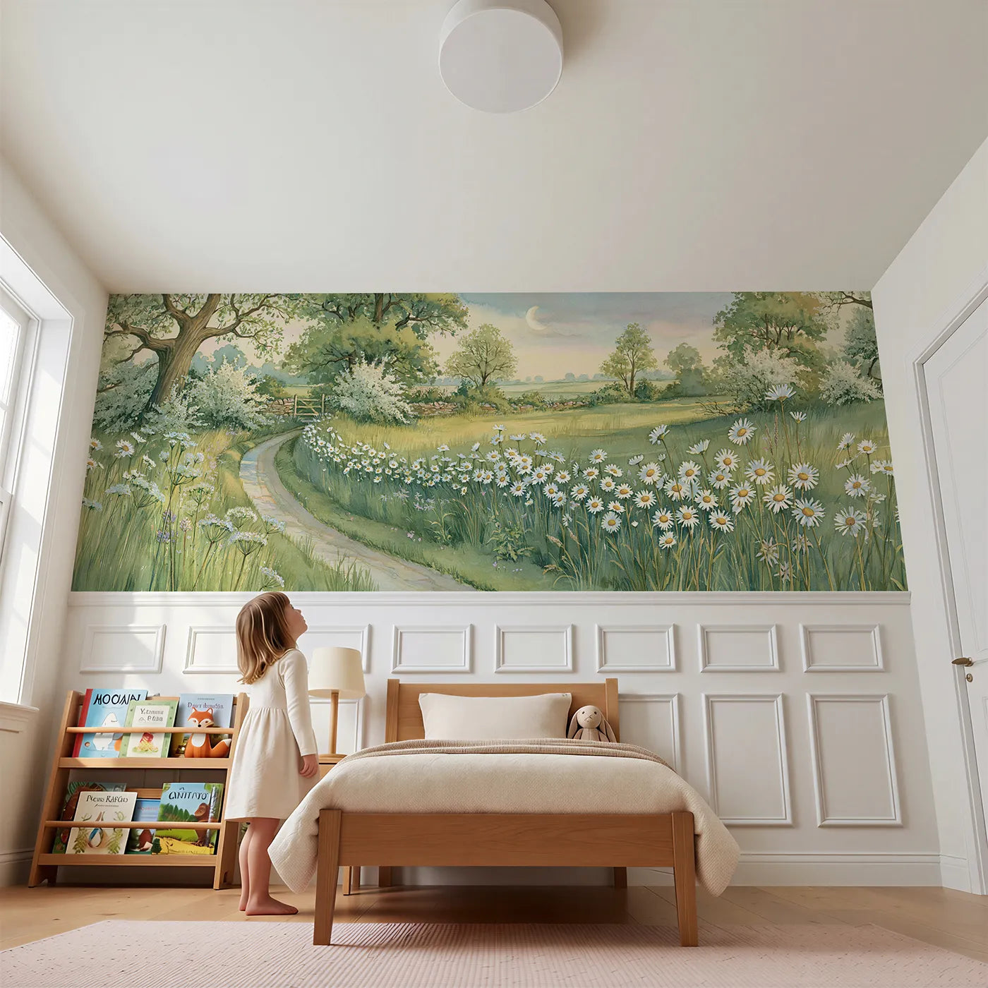 Child reading near Daisies Down The Lane Wainscoting Wallpaper by Whimsy Tots