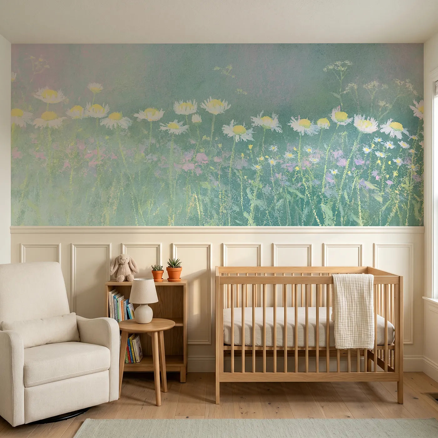 Soft pastel wainscoting wallpaper of daisies closing at dusk by Whimsy Tots
