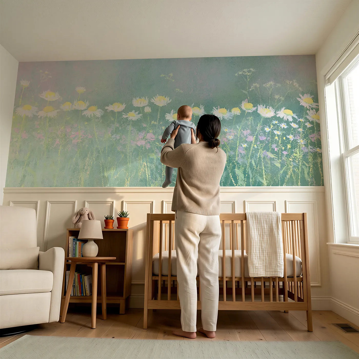 Child reading near Daisies Closing At Dusk Wainscoting Wallpaper by Whimsy Tots