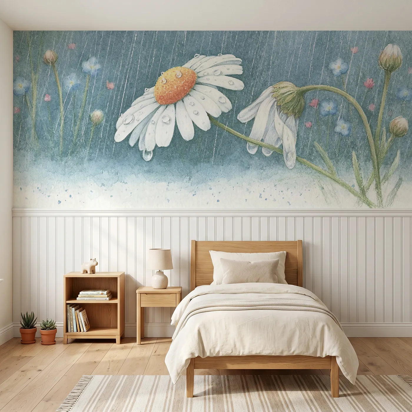 Colored pencil wainscoting wallpaper of a daisy after the shower by Whimsy Tots