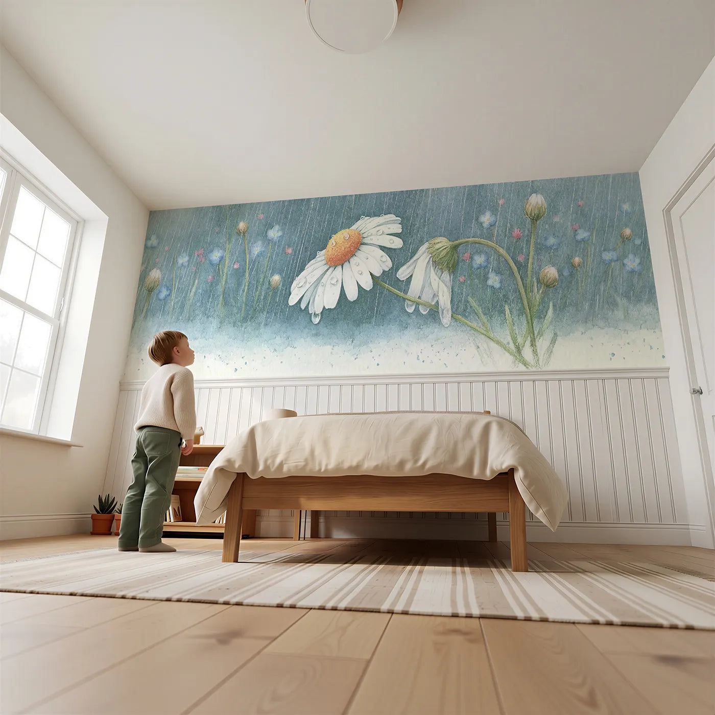 Child reading near Daisy After The Shower Wainscoting Wallpaper by Whimsy Tots