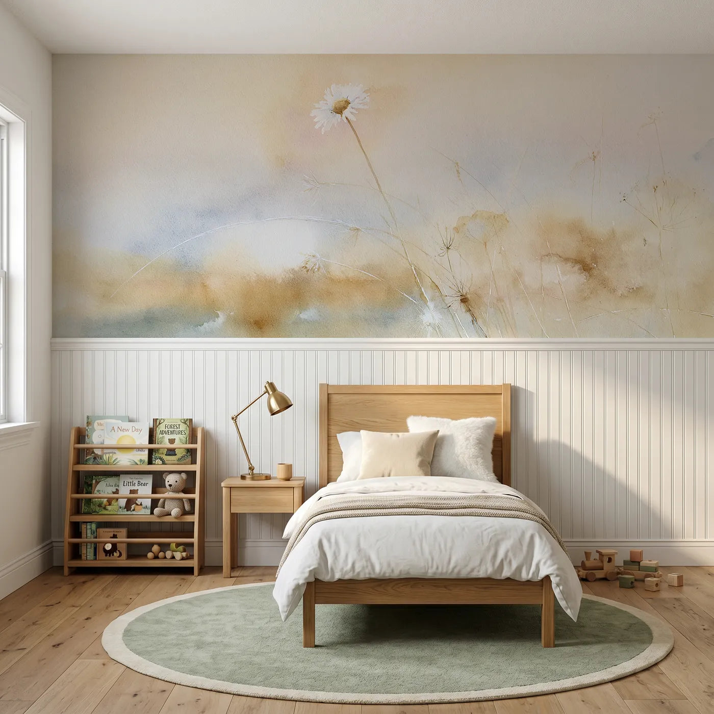 Watercolor wainscoting wallpaper of one daisy above the grass by Whimsy Tots