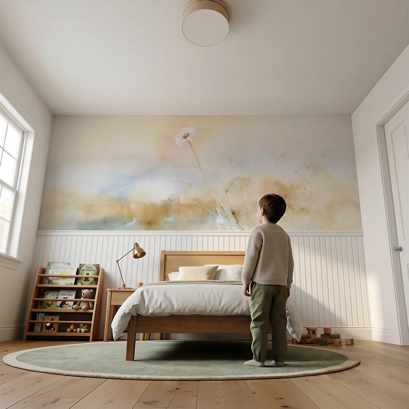 Child reading near One Above The Grass Wainscoting Wallpaper by Whimsy Tots