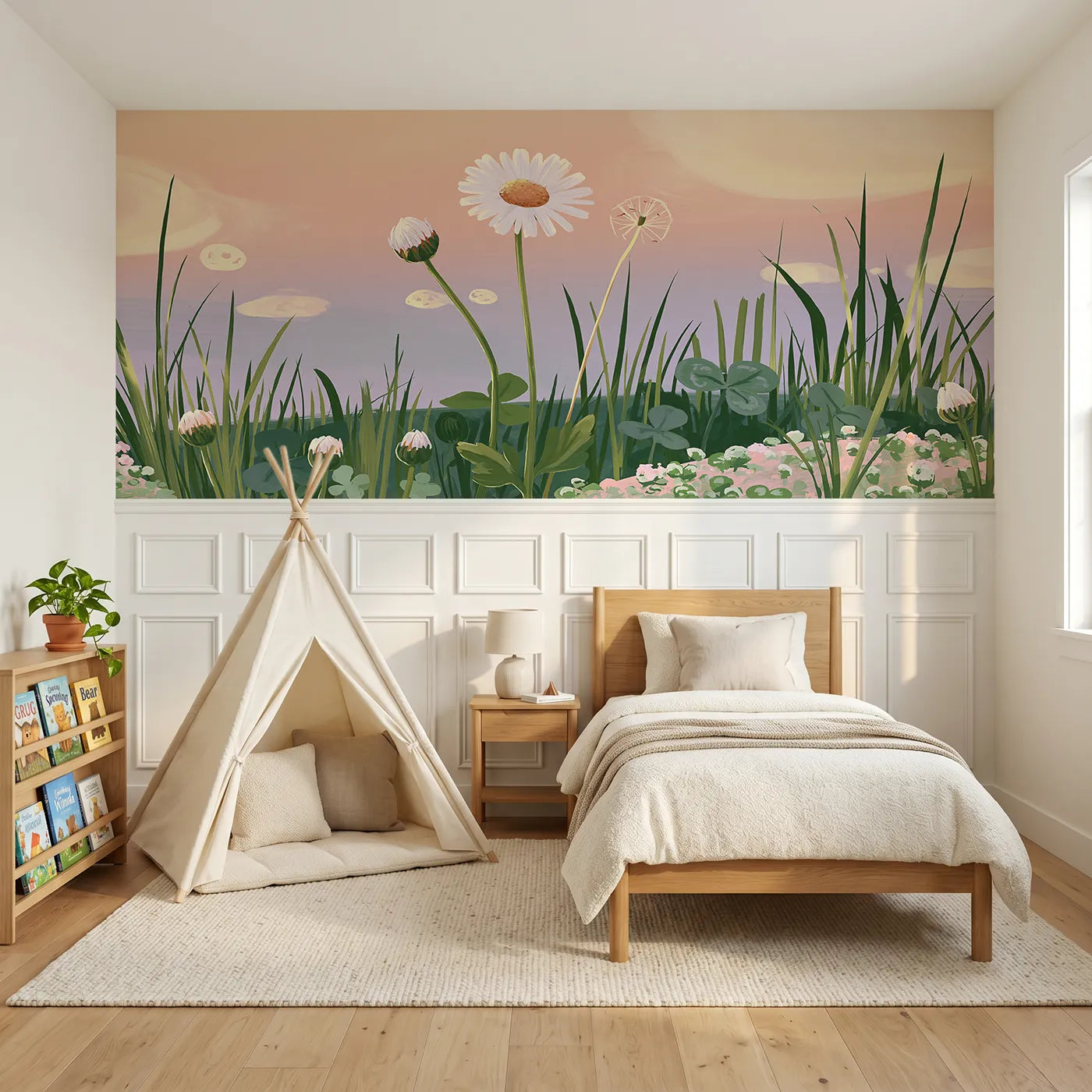 Modern illustration wainscoting wallpaper of bud bloom and seed by Whimsy Tots