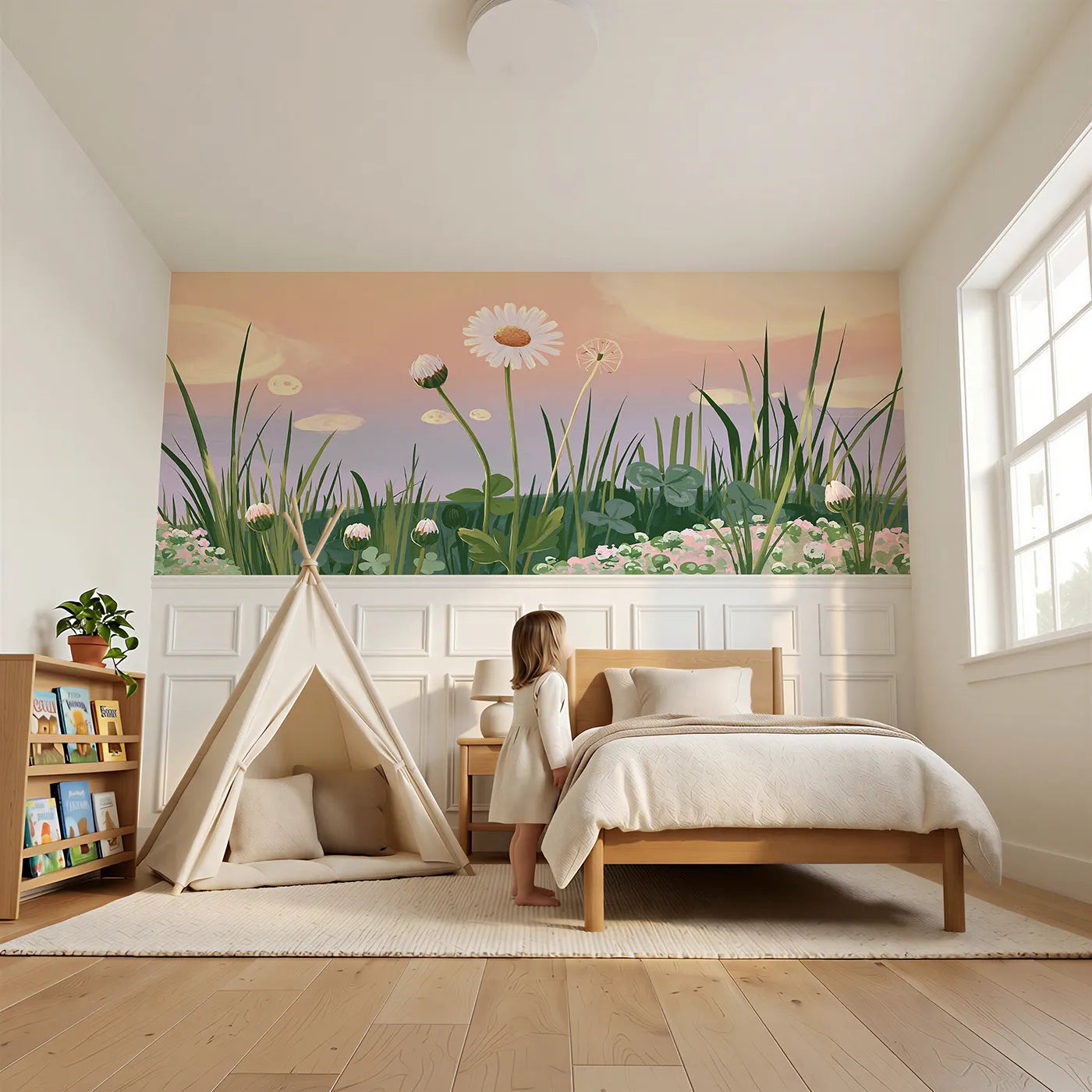 Child reading near Bud Bloom And Seed Wainscoting Wallpaper by Whimsy Tots