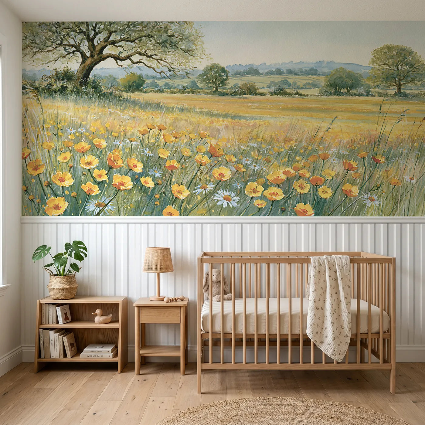 Storybook wainscoting mural of gold across the hay meadow by Whimsy Tots