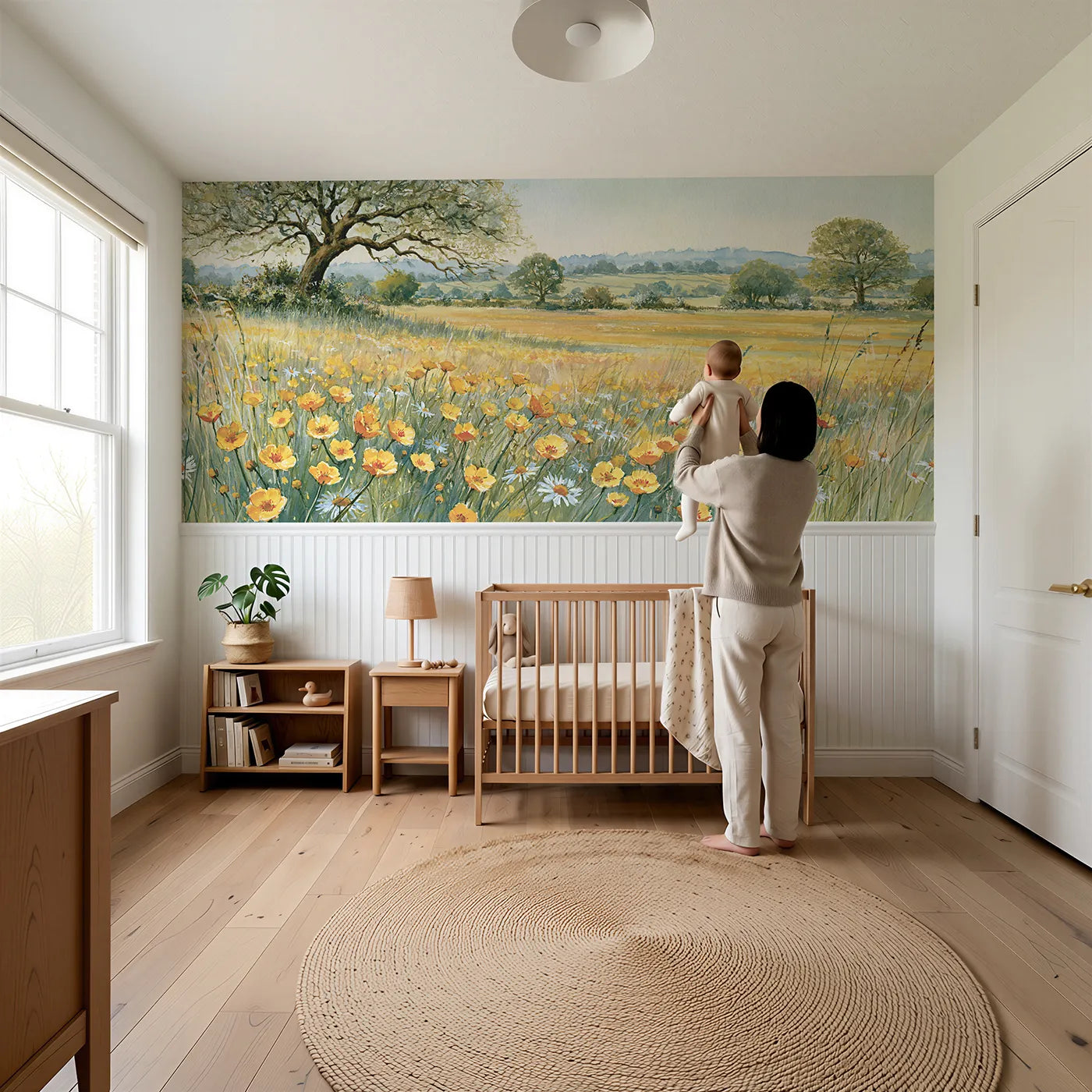 Child reading near Gold Across The Hay Meadow Wainscoting Wallpaper by Whimsy Tots