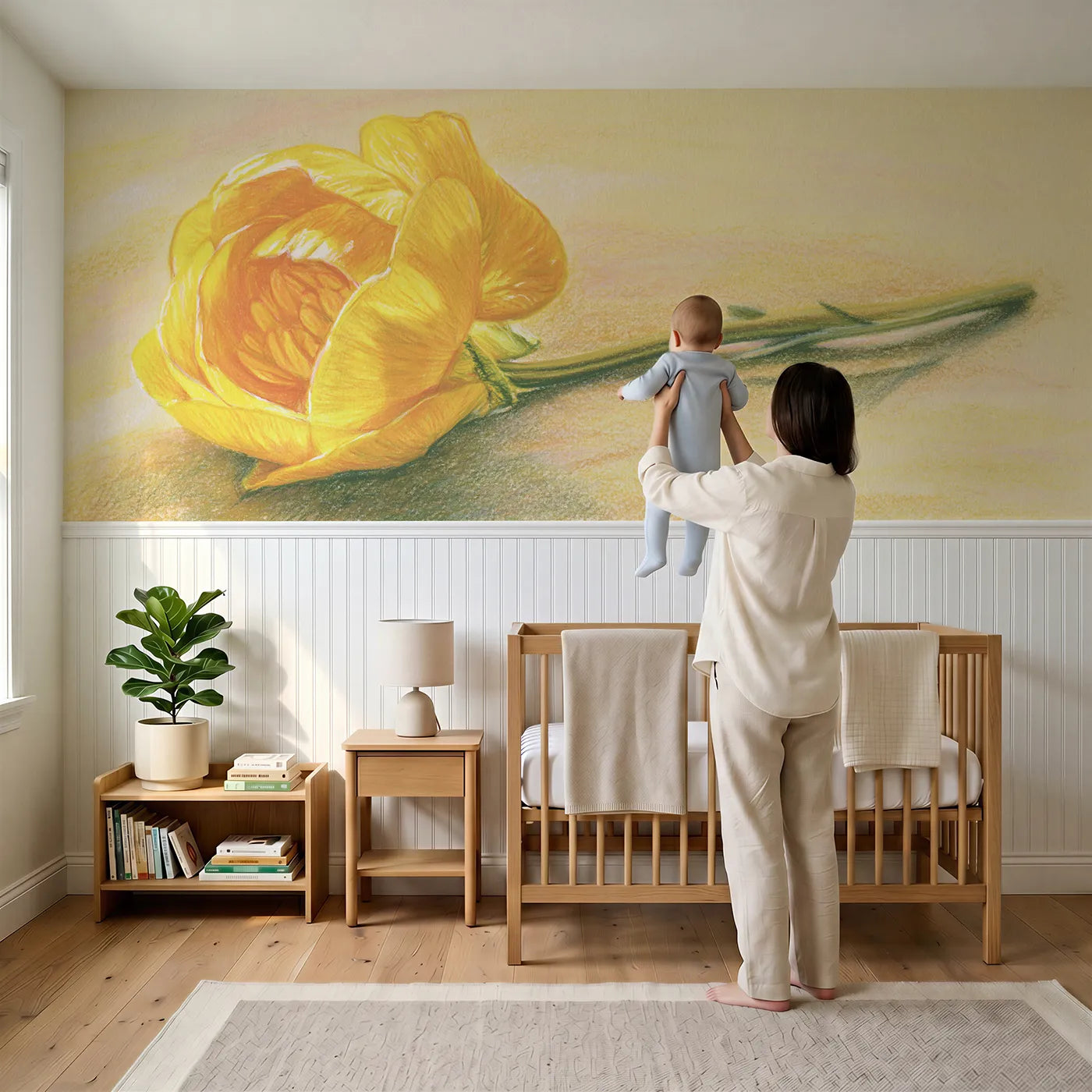 Child reading near The Cup Of Light Wainscoting Wallpaper by Whimsy Tots