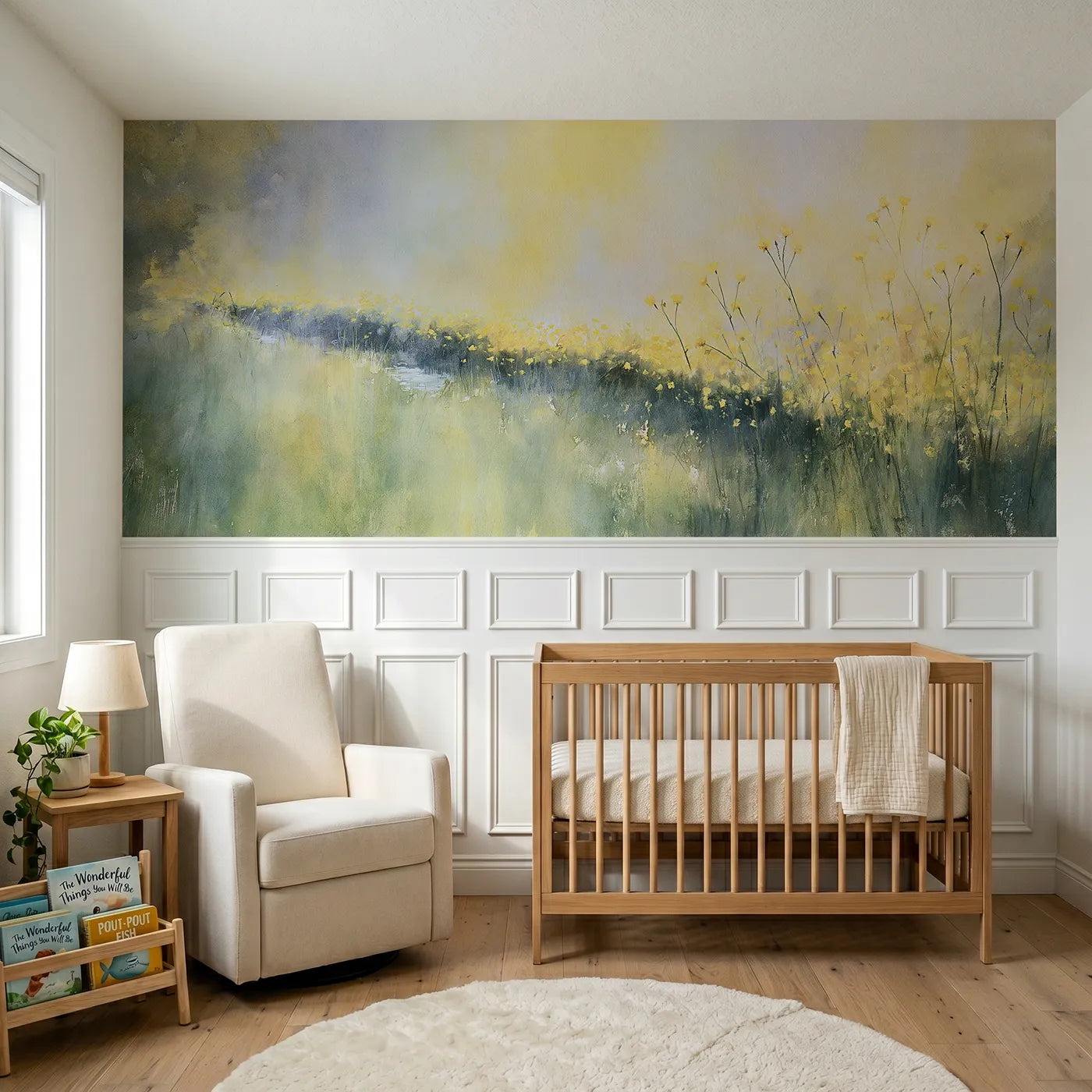 Watercolor wainscoting wallpaper of buttercups by the brook by Whimsy Tots