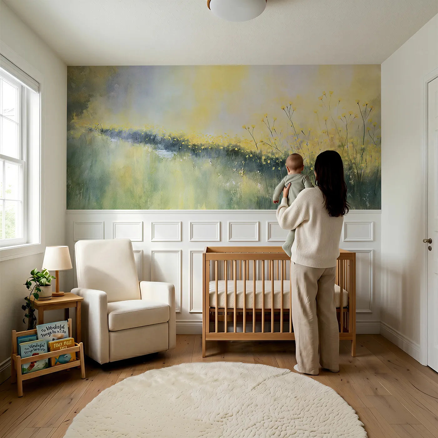 Child reading near Buttercups By The Brook Wainscoting Wallpaper by Whimsy Tots