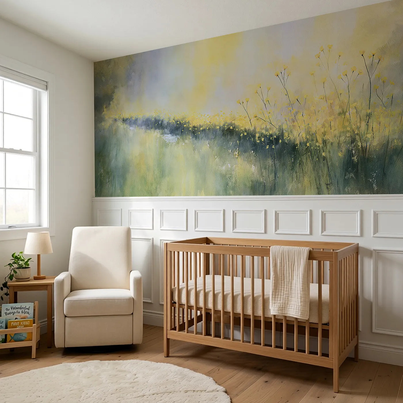 Buttercups By The Brook Wainscoting Wallpaper styled in a kids room by Whimsy Tots