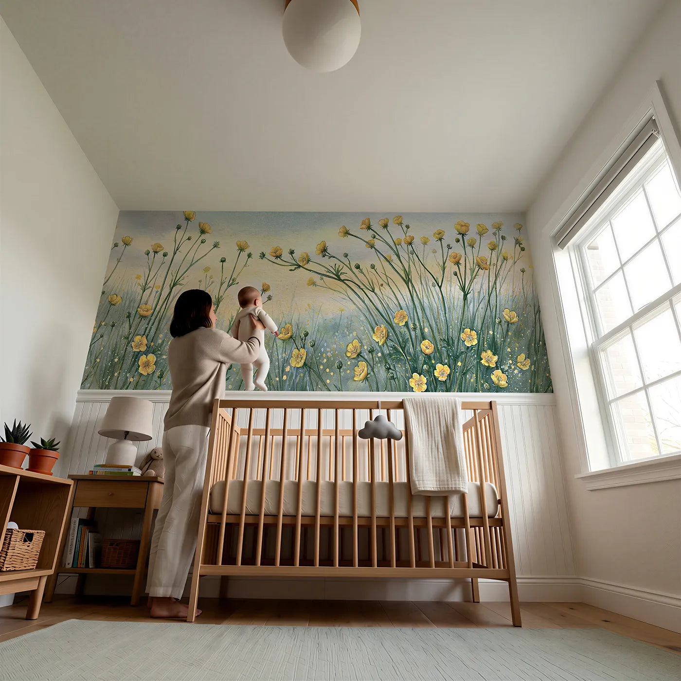 Child reading near Up Through The Stems Wainscoting Wallpaper by Whimsy Tots