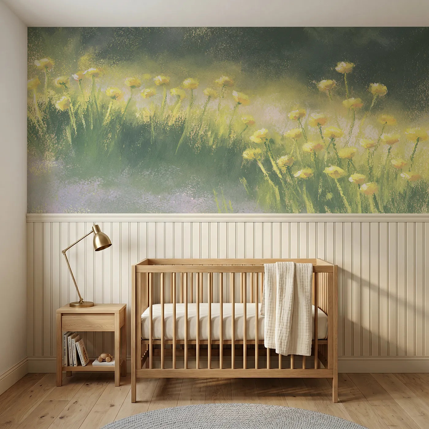 Soft pastel wainscoting wallpaper of evening gold buttercups by Whimsy Tots