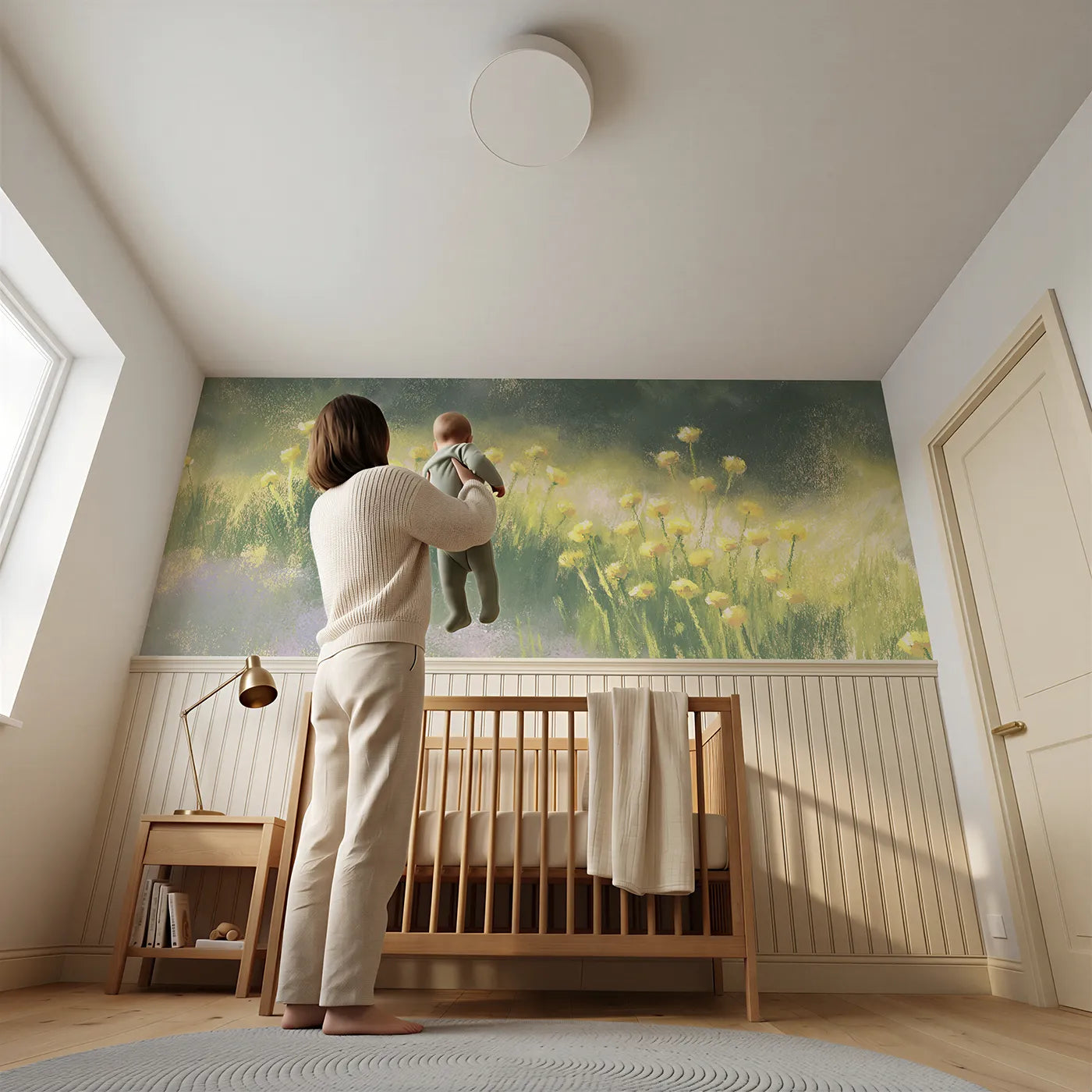Child reading near Evening Gold Buttercups Wainscoting Wallpaper by Whimsy Tots