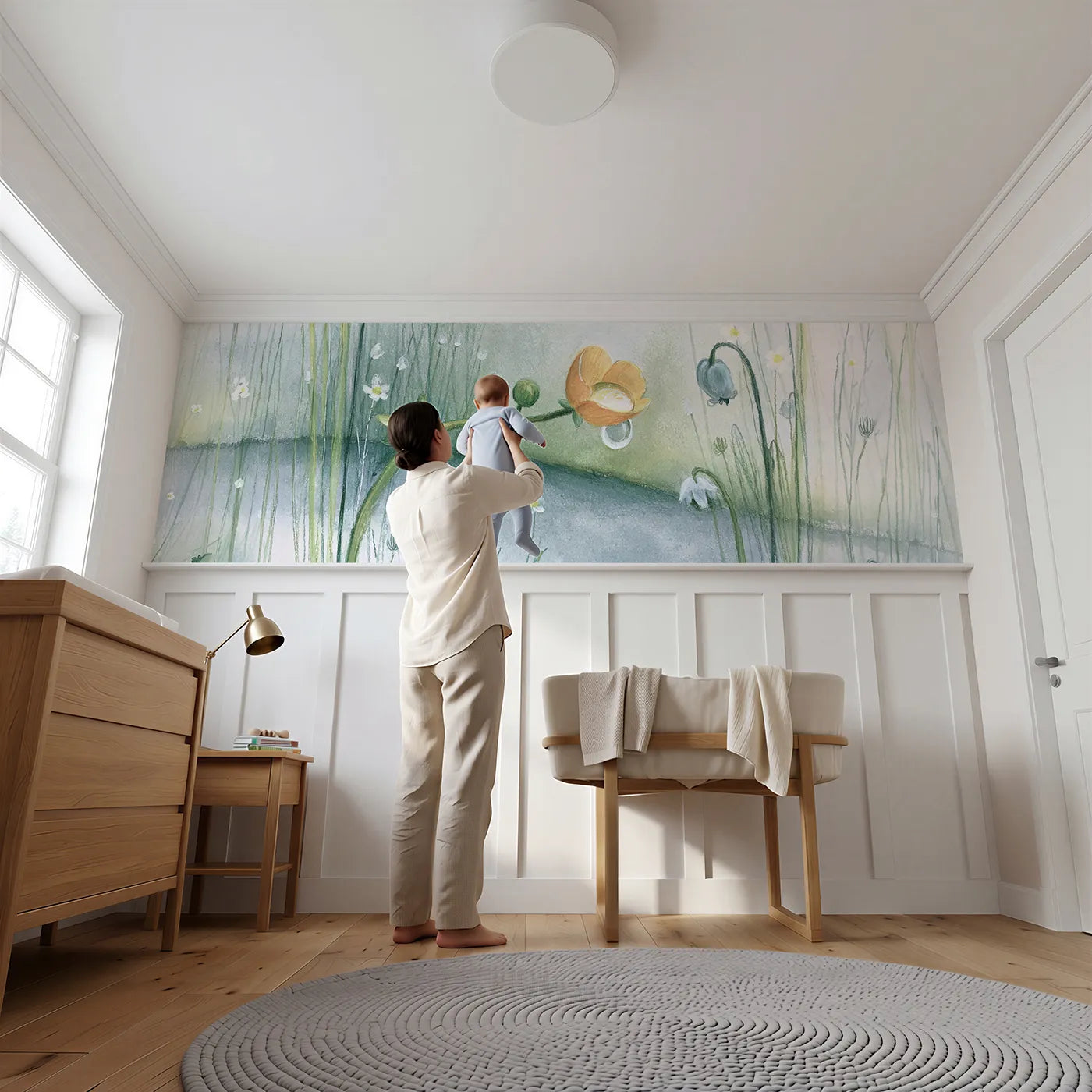 Child reading near The Raindrop In The Cup Wainscoting Wallpaper by Whimsy Tots
