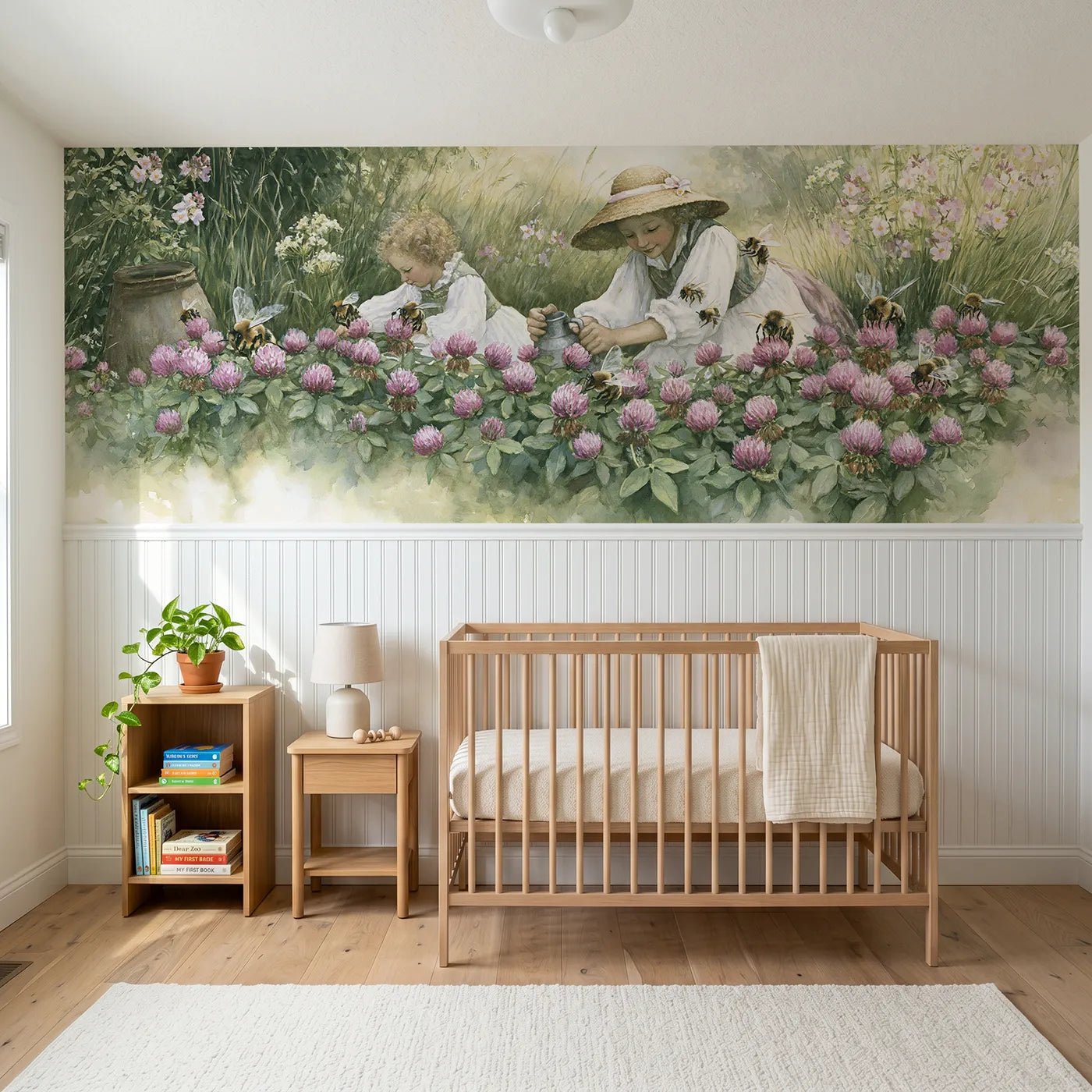 Storybook wainscoting wallpaper of the red clover patch by Whimsy Tots
