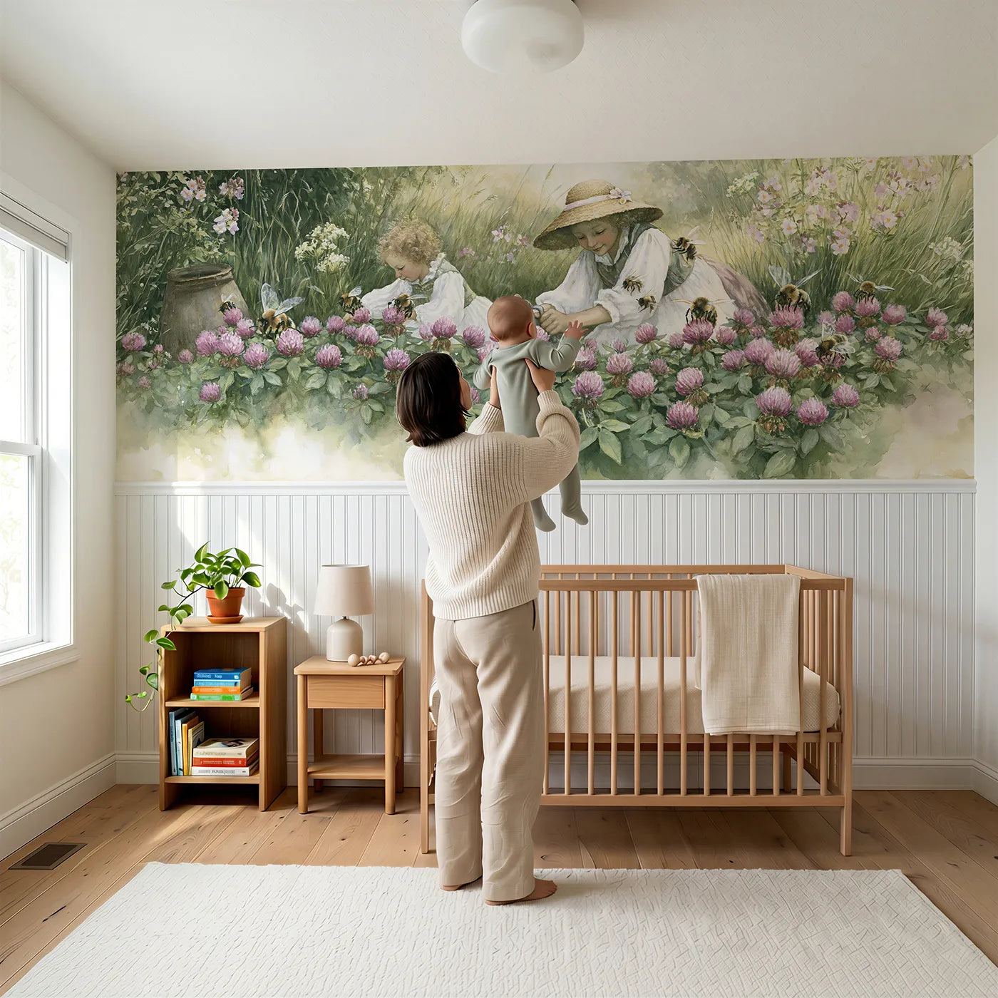 Child reading near Red Clover Patch Wainscoting Wallpaper by Whimsy Tots