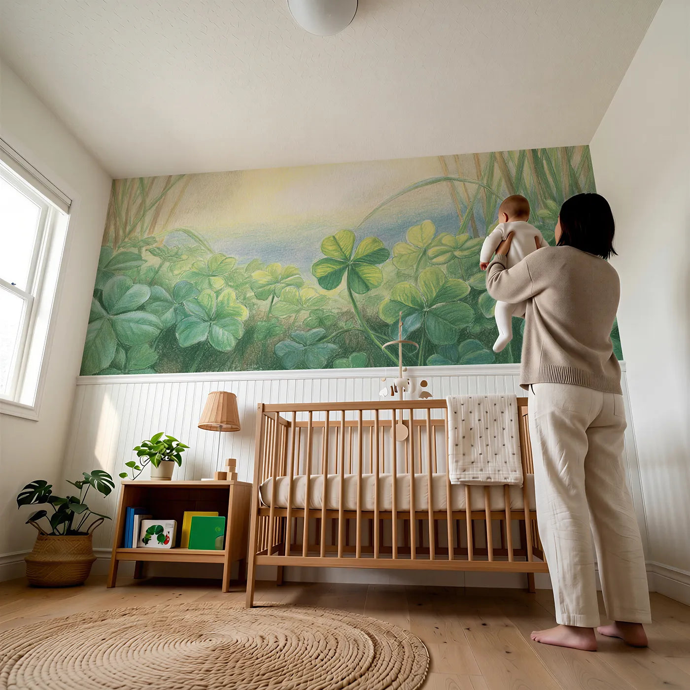 Child reading near One Leaf Of Four Wainscoting Wallpaper by Whimsy Tots