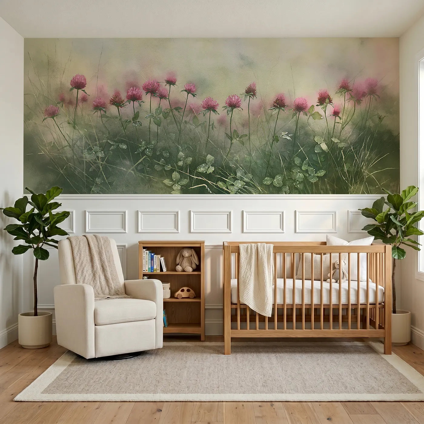 Watercolor wainscoting wallpaper of clover after rain by Whimsy Tots