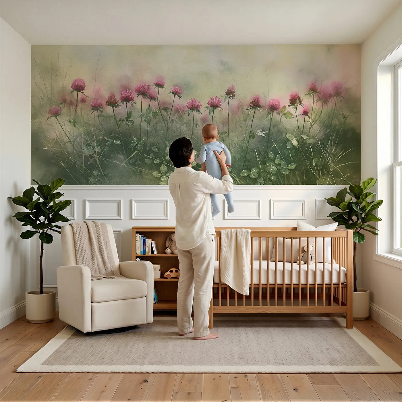 Child reading near Clover After Rain Wainscoting Wallpaper by Whimsy Tots