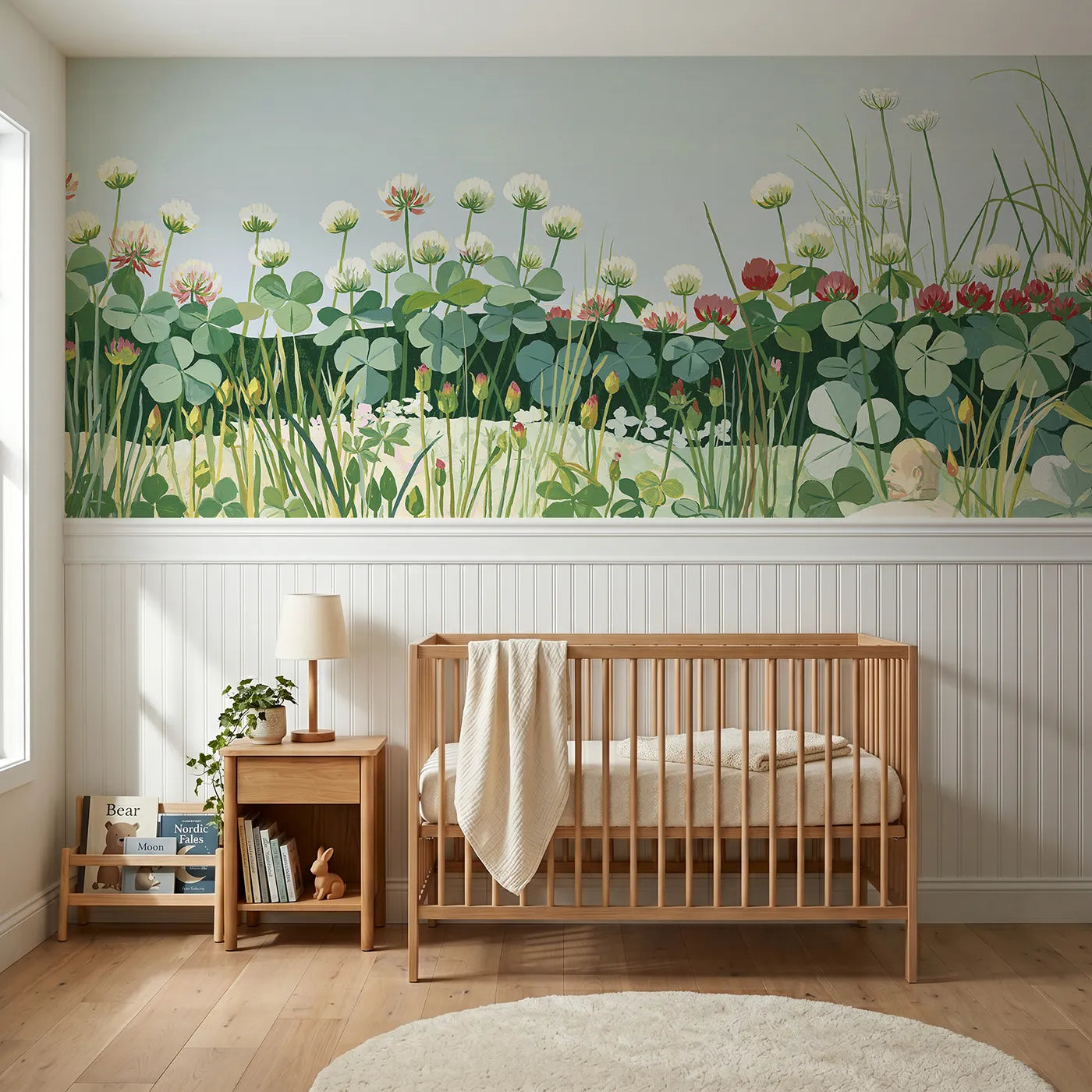 Modern illustration wainscoting wallpaper of white and red clover by Whimsy Tots