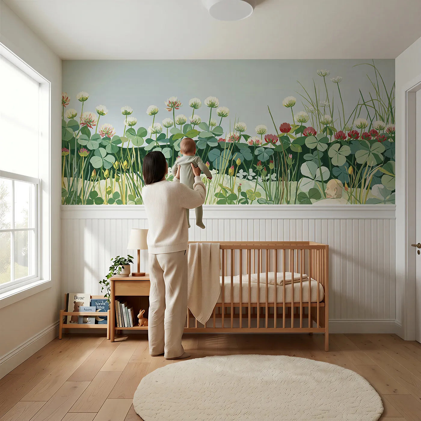 Child reading near White And Red Clover Wainscoting Wallpaper by Whimsy Tots