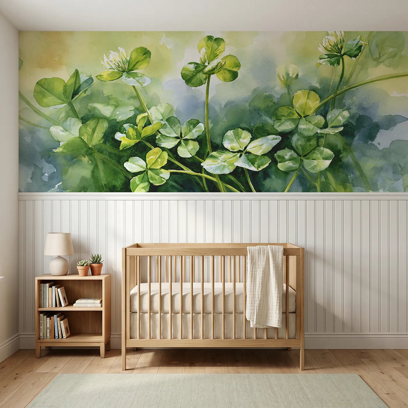 Watercolor wainscoting wallpaper of clover leaves unfolding by Whimsy Tots