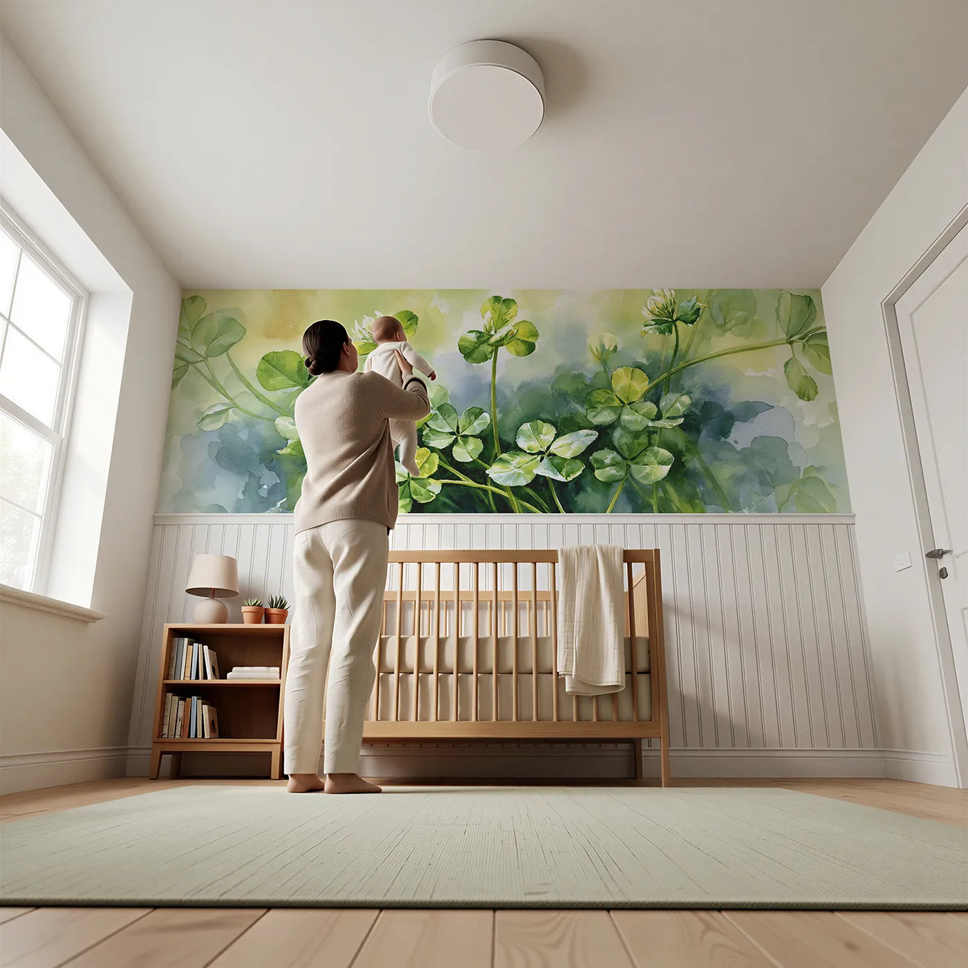 Child reading near Clover Leaves Unfolding Wainscoting Wallpaper by Whimsy Tots