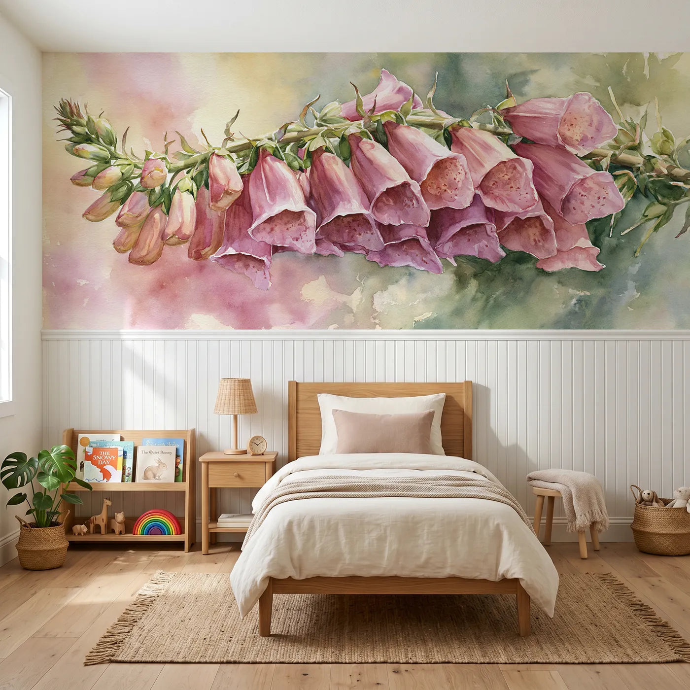 Watercolor wainscoting wallpaper of the foxglove spire by Whimsy Tots