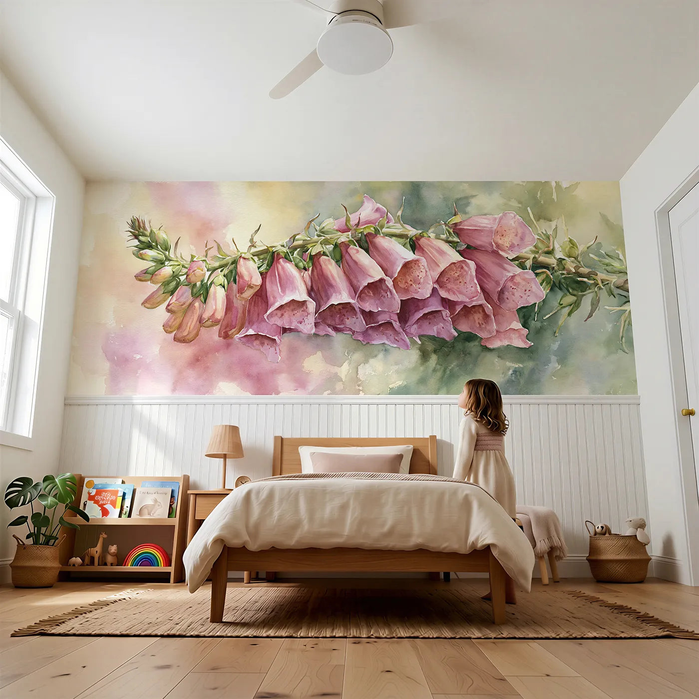 Child reading near The Foxglove Spire Wainscoting Wallpaper by Whimsy Tots