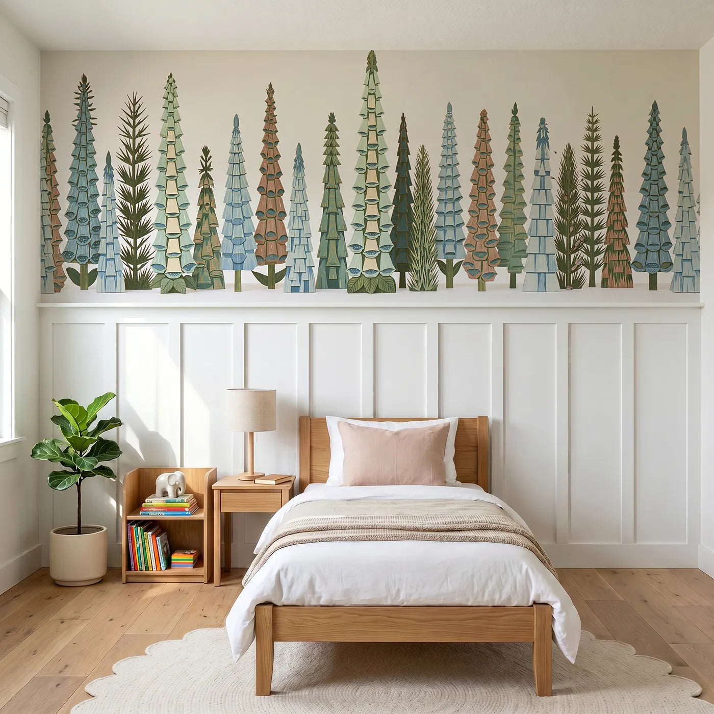 Block print wainscoting wallpaper of carved foxglove spires by Whimsy Tots