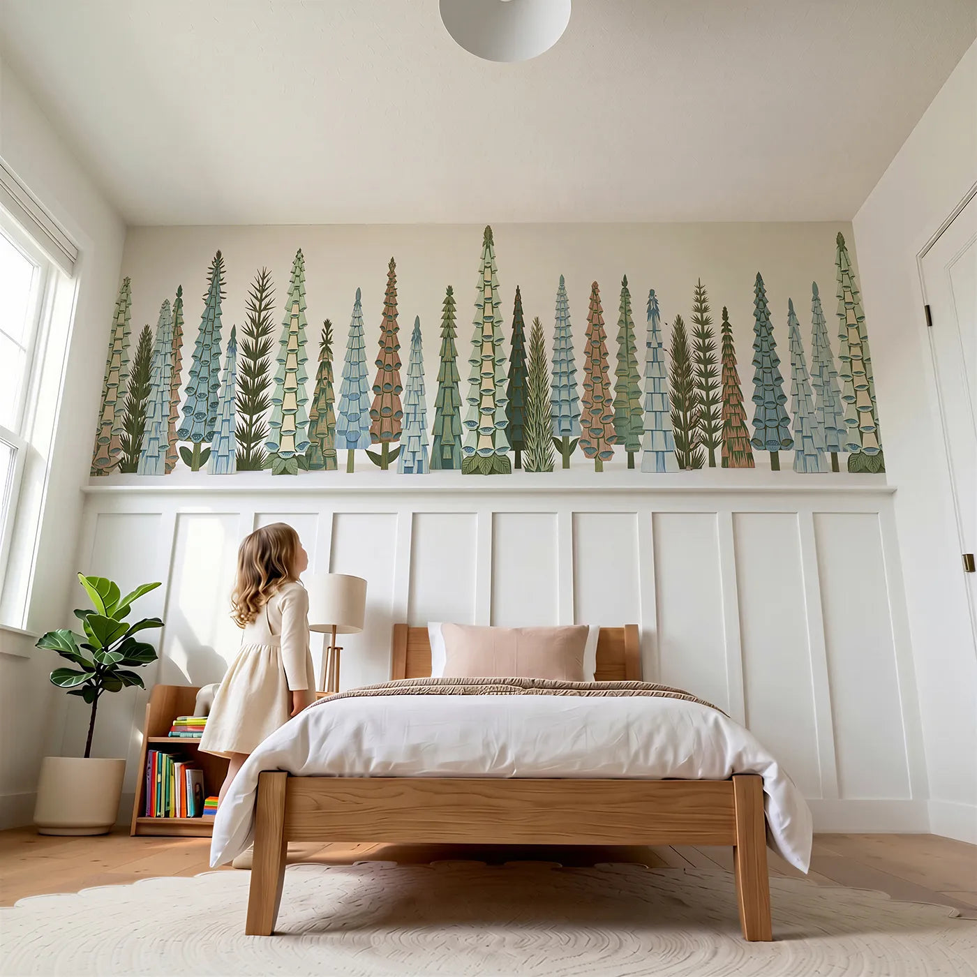 Child reading near Carved Foxglove Spires Wainscoting Wallpaper by Whimsy Tots