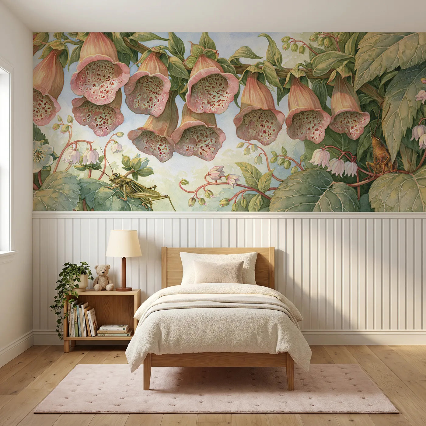 Storybook wainscoting wallpaper of up inside the bells by Whimsy Tots