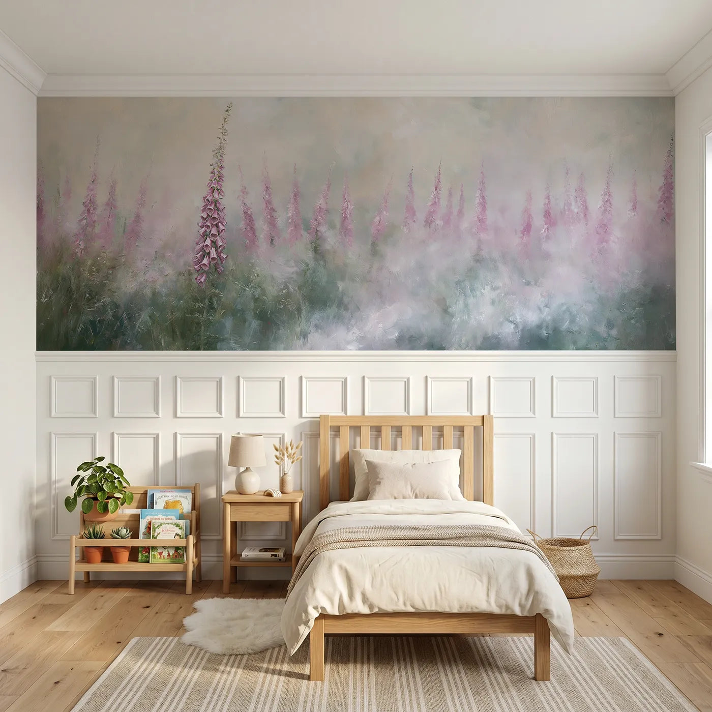 Watercolor wainscoting wallpaper of foxgloves in the mist by Whimsy Tots