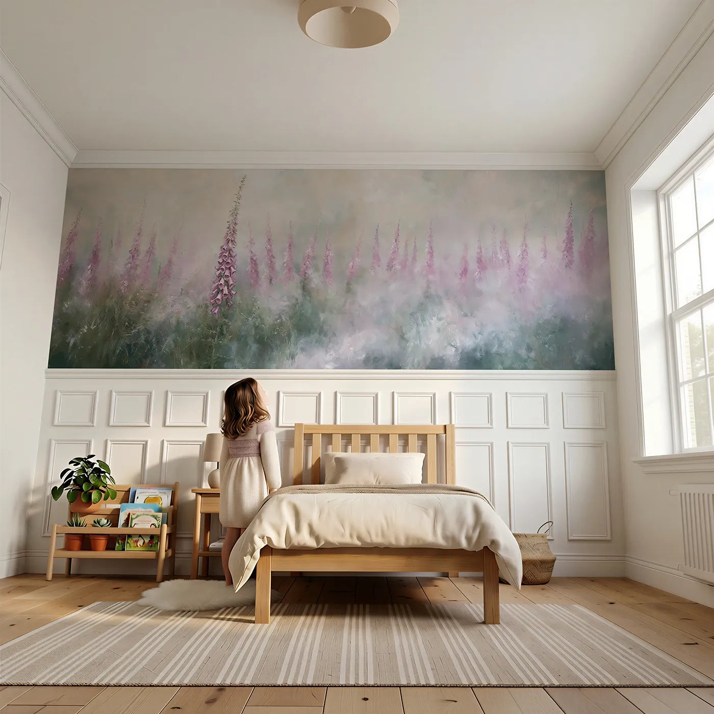 Child reading near Foxgloves In The Mist Wainscoting Wallpaper by Whimsy Tots