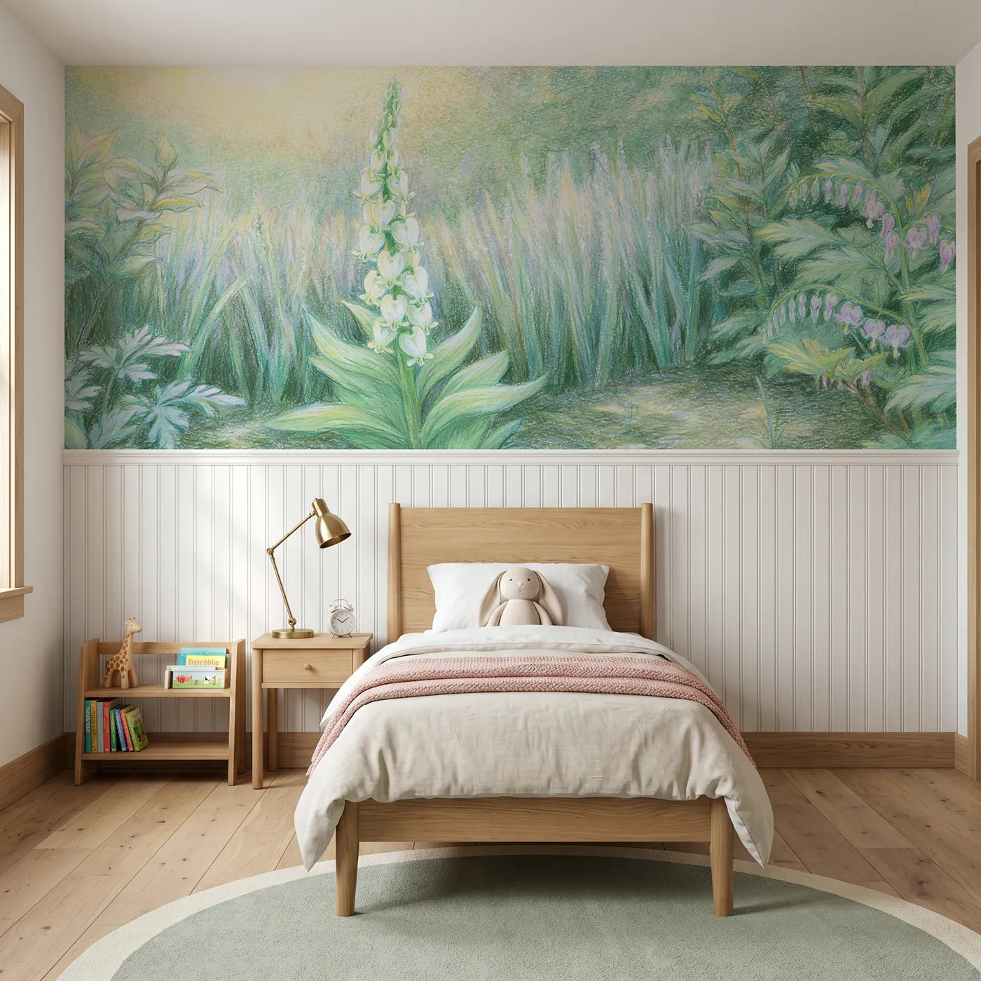 Colored pencil wainscoting wallpaper of the white foxglove by Whimsy Tots
