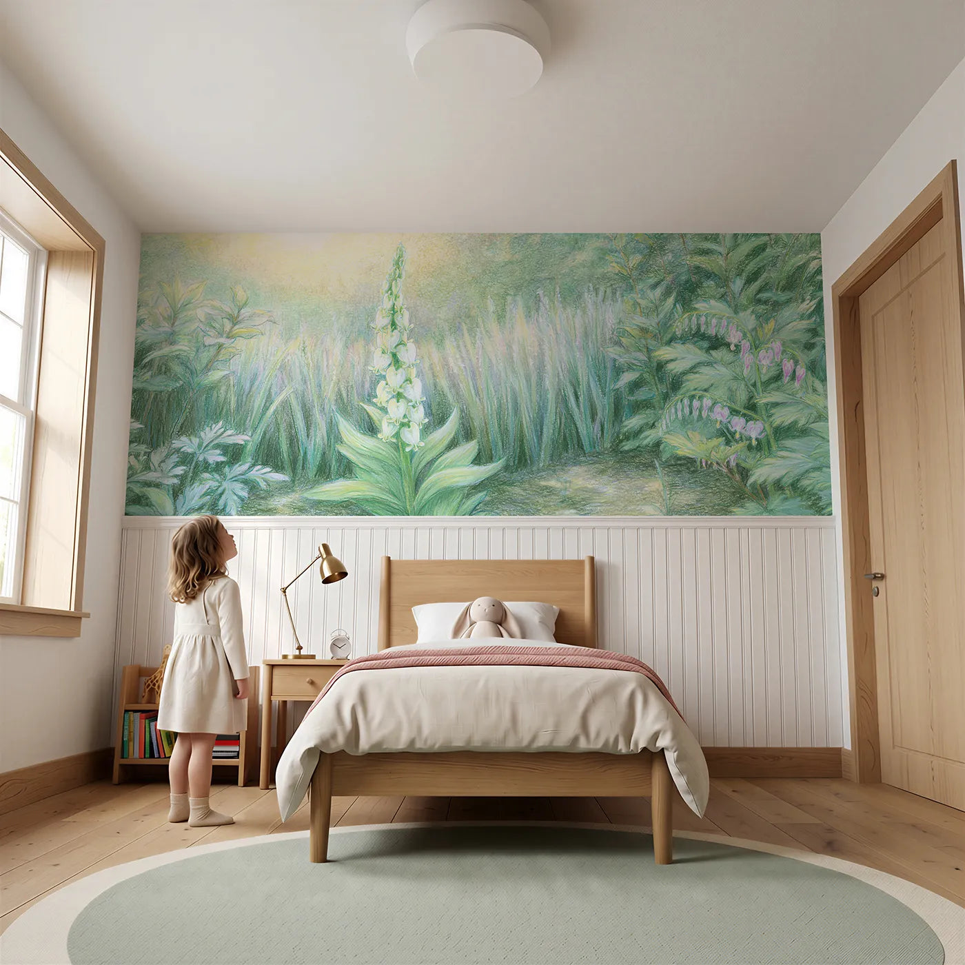 Child reading near The White Foxglove Wainscoting Wallpaper by Whimsy Tots