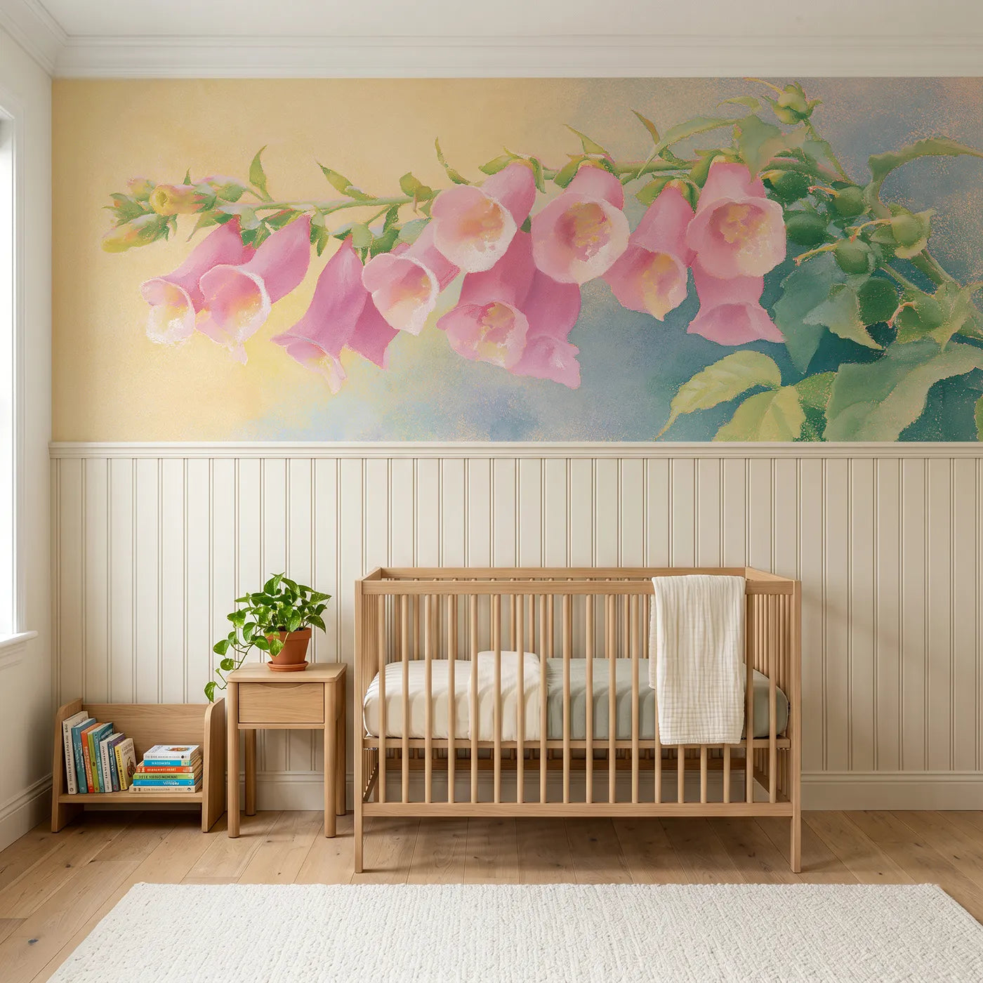 Soft pastel wainscoting wallpaper of foxglove bells at dusk by Whimsy Tots