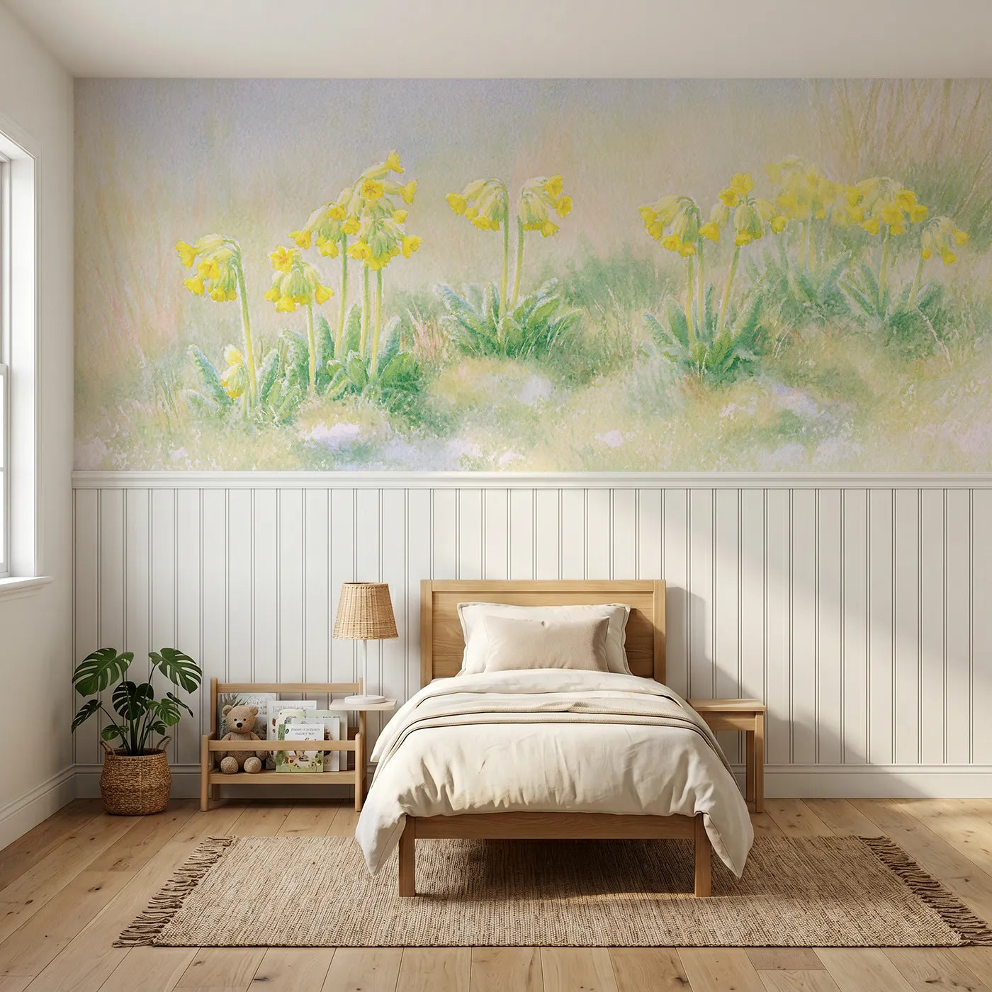 Soft pastel wainscoting wallpaper of cowslips on the down by Whimsy Tots