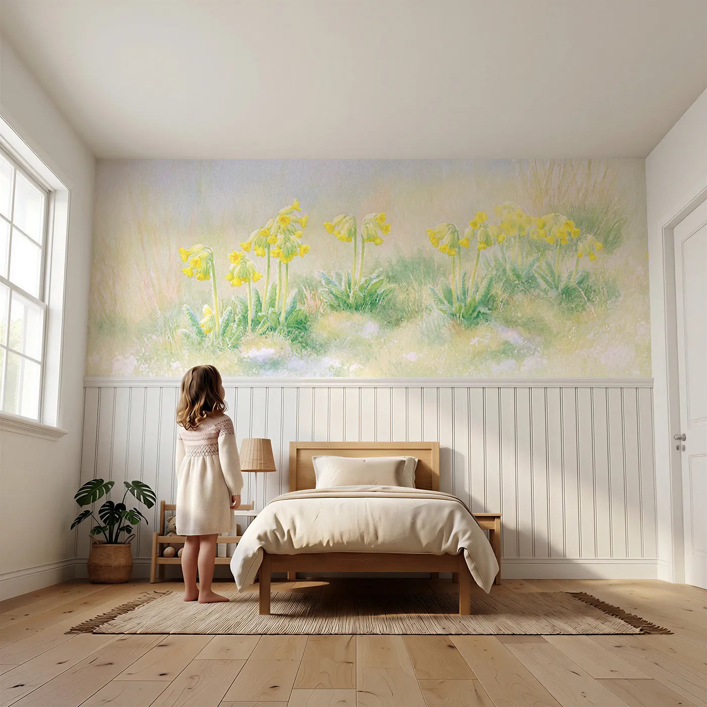 Child reading near Cowslips On The Down Wainscoting Wallpaper by Whimsy Tots