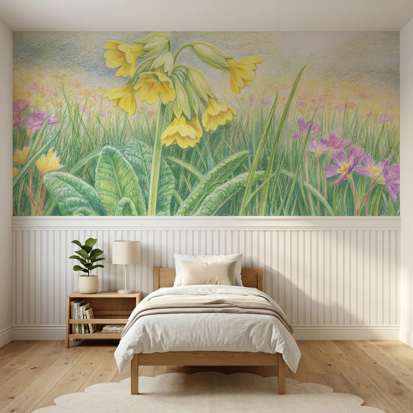 Colored pencil wainscoting wallpaper of cowslip bells nodding by Whimsy Tots