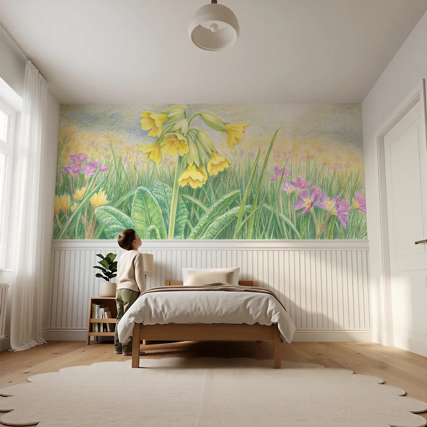 Child reading near Cowslip Bells Nodding Wainscoting Wallpaper by Whimsy Tots