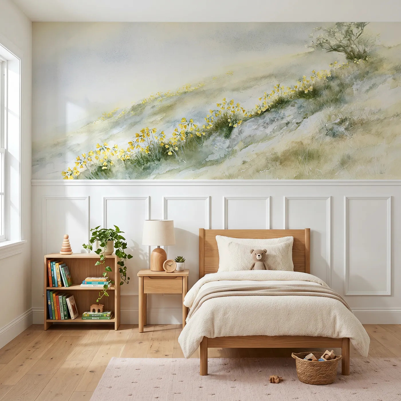 Watercolor wainscoting wallpaper of first light cowslips by Whimsy Tots